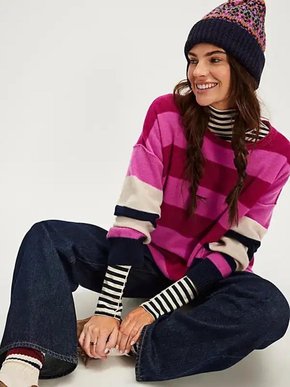 Free People Addie Striped Cashmere Crewneck Sweater in Fuchsia, Pink & Navy
